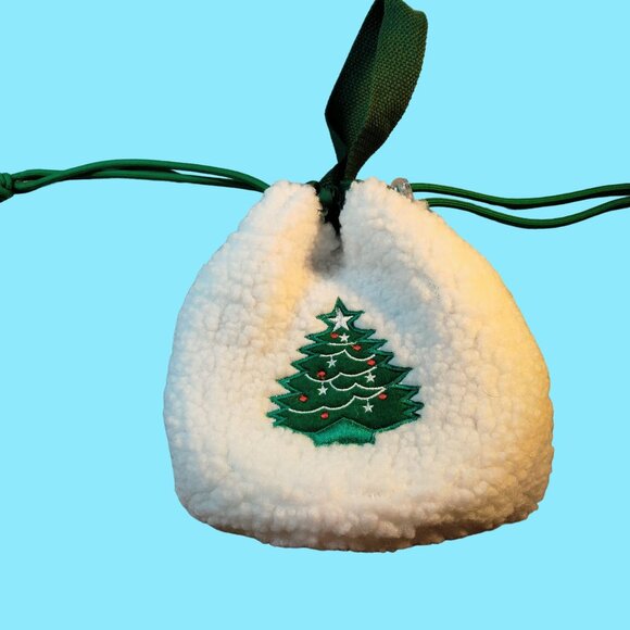 Sherpa Drawstring Tote Bag Christmas Tree Embroidered Fleece Sack Lined - Picture 3 of 8